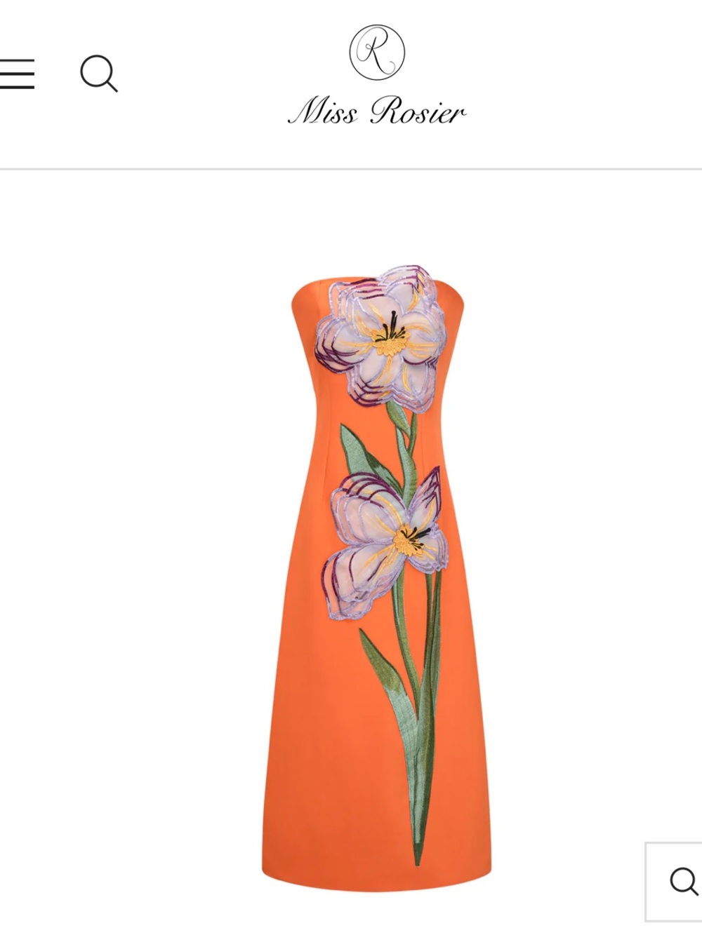 Miss Rosier Orange Strapless Floral Appliqué Dress